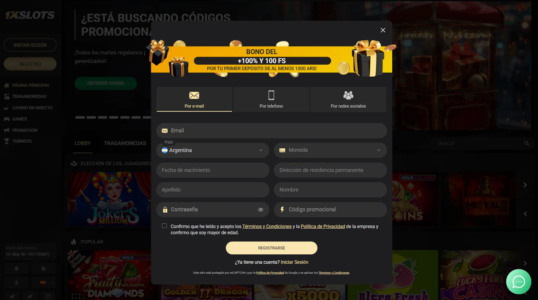 Registro en 1xslots paso a paso